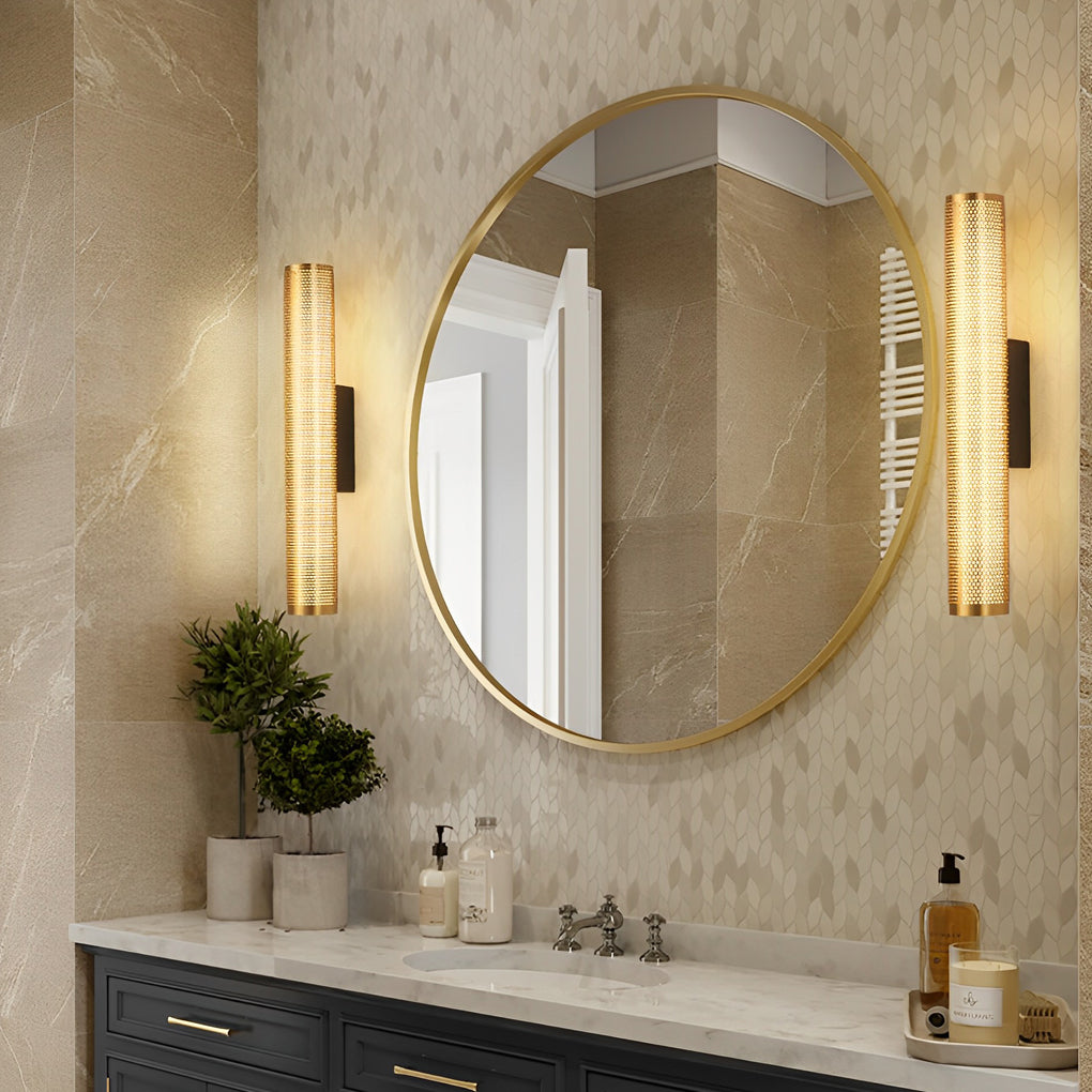 Gold Perforated Cylindrical Bathroom Vanity Light with Mesh Design-Lighom