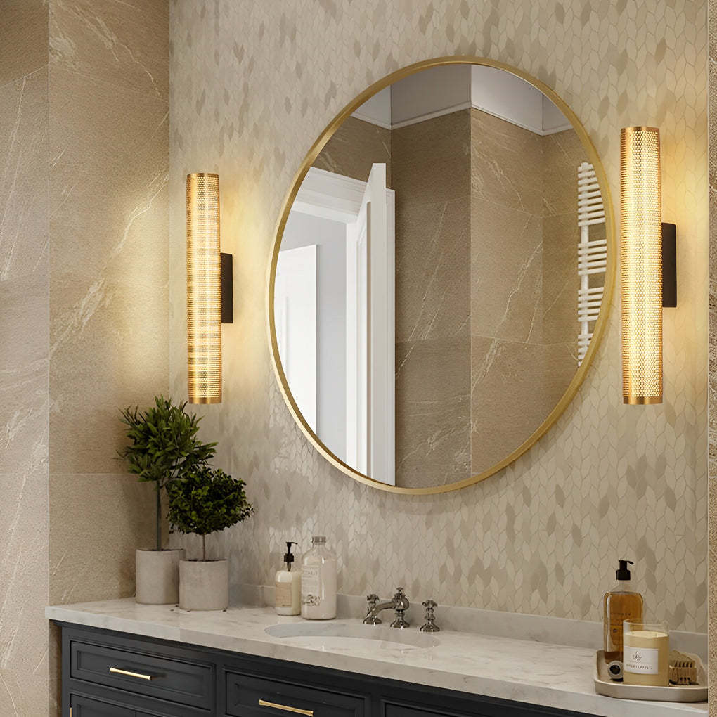Gold Perforated Cylindrical Bathroom Vanity Light with Mesh Design-Lighom