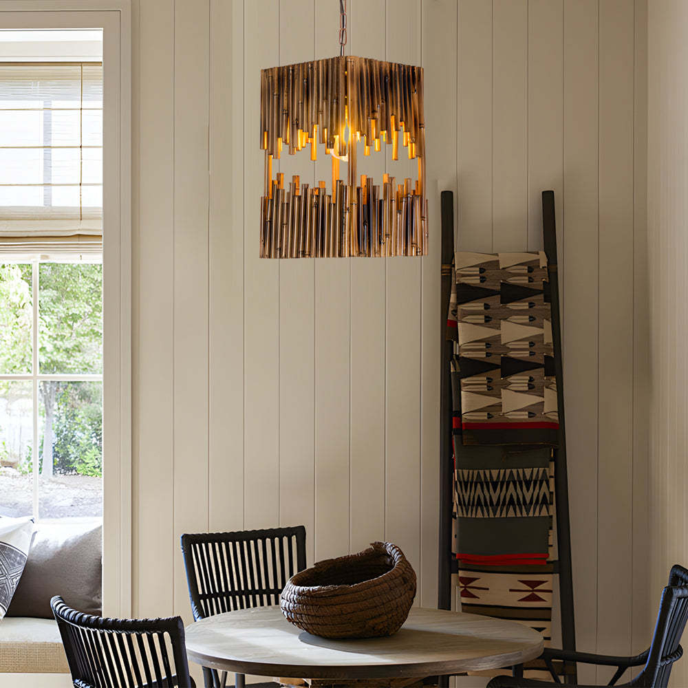 Retro Wood Bamboo Tube Cuboid Pendant Light