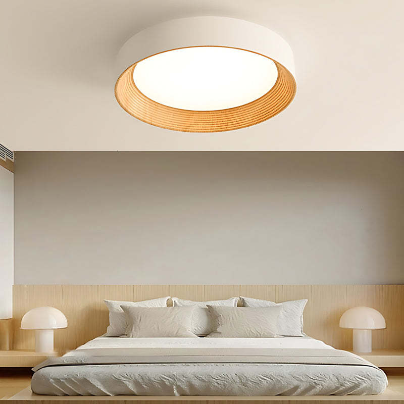 Round Iron Three Step Dimming Modern Wood Texture LED Ceiling Lights Fixture-Lighom
