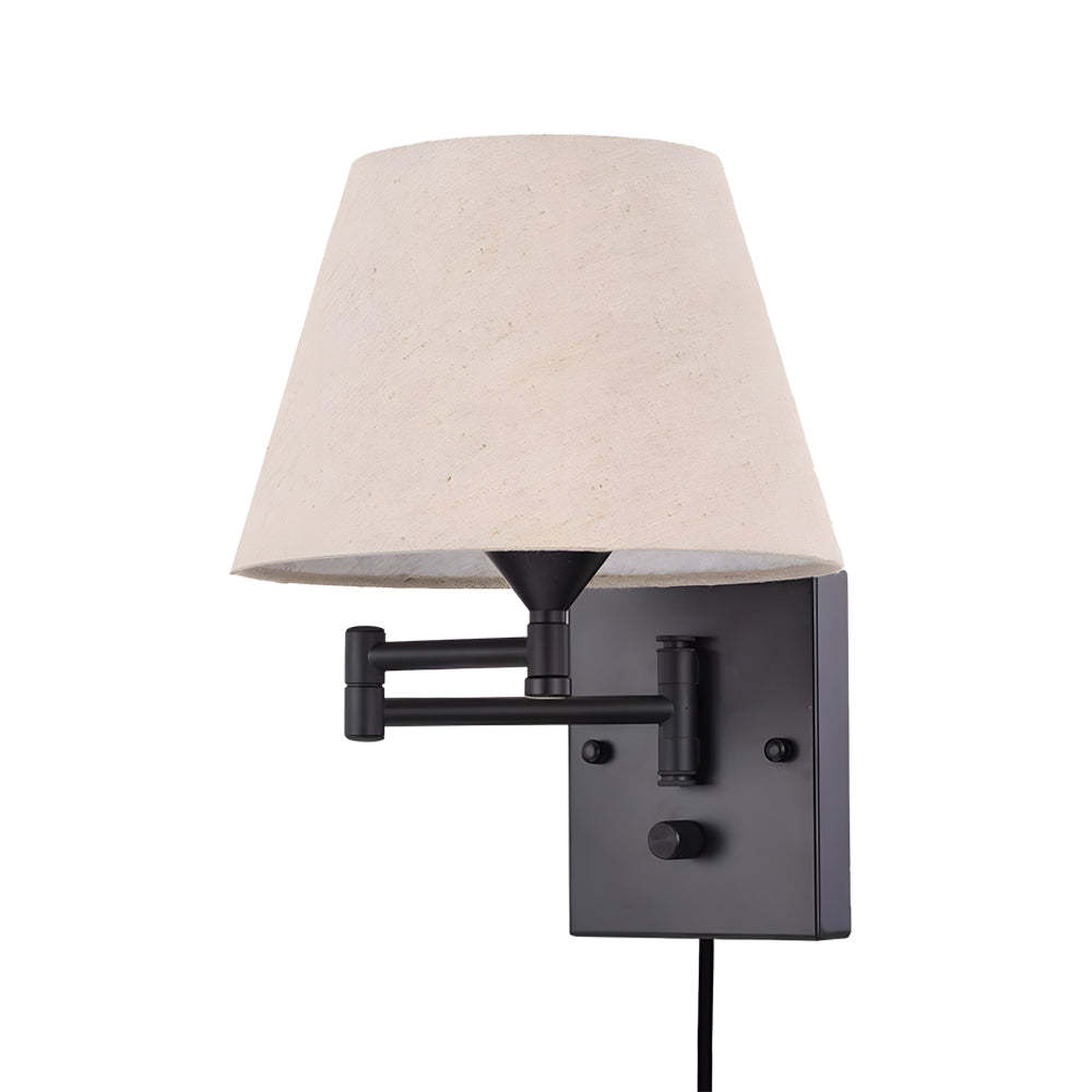 1-Light Linen/Brown/White Plug-In Swing Arm Wall Lamp with Linen Shade-Lighom
