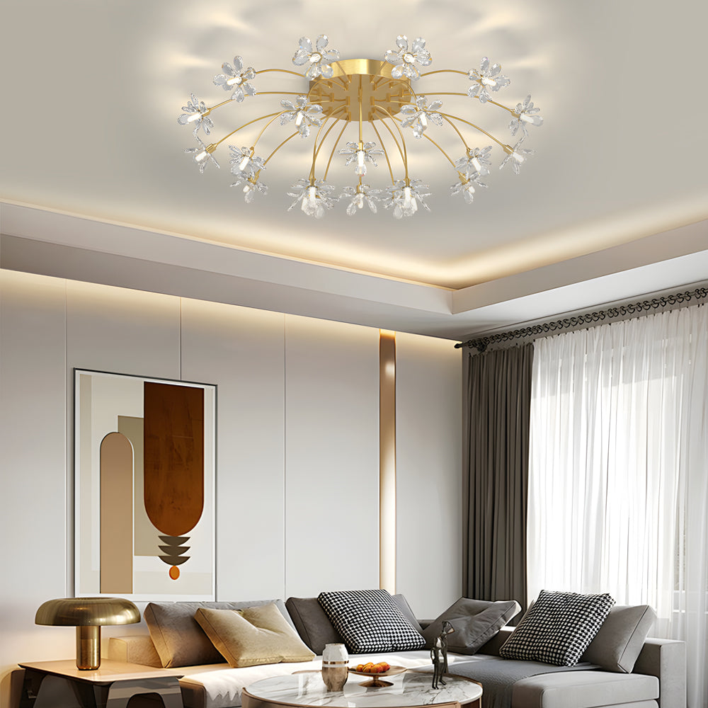 French flower dandelion gold crystal semi-flush mount light, Lighom — 22-Light