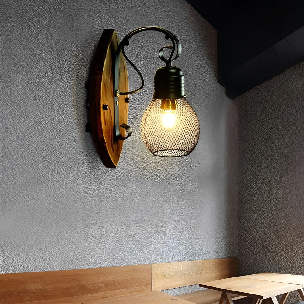 Rustic Antique Wood Iron Mesh E27 Industrial Wall Lamp