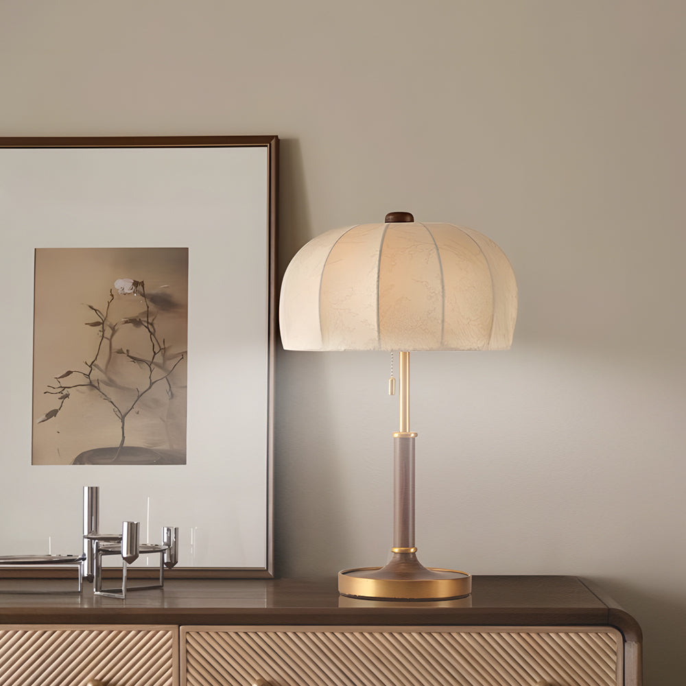 Retro Brass Dome Fabric Table Lamp Pull Chain Bedroom Lamp-Lighom