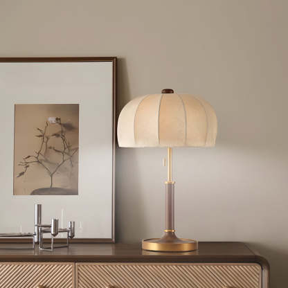 Retro Brass Dome Fabric Table Lamp Pull Chain Bedroom Lamp-Lighom