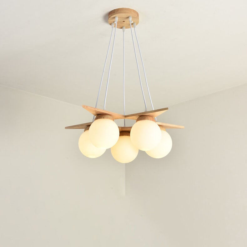 Modern Solid Wood Frosted Glass Ball Chandelier — 5 / 3 Colors Changeable (Warm/Neutral/White) / 220V-240V For UK/AU