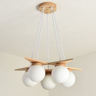 Modern Solid Wood Frosted Glass Ball Chandelier