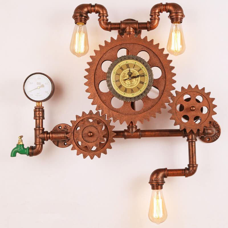 Vintage Industrial Gear Water Pipe Clock Sconce
