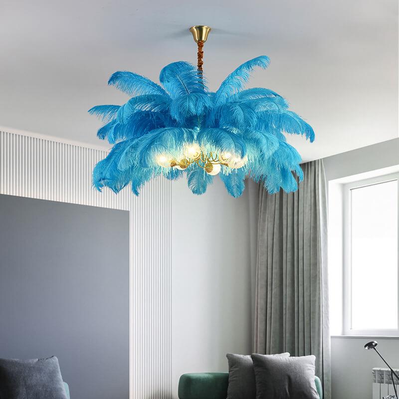 Modern Ostrich Feather Brass Chandelier