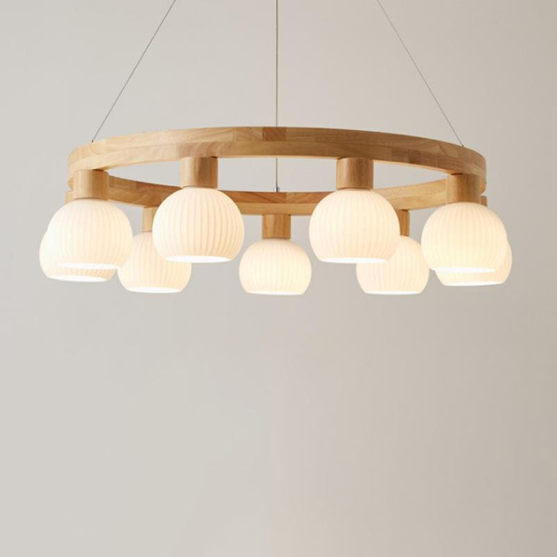 Modern Japanese Log Ring Textured Glass Globe Chandelier
