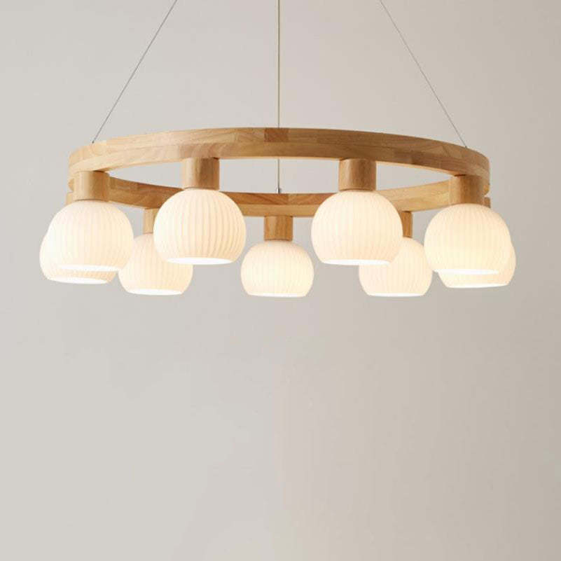 Modern Japanese Log Ring Textured Glass Globe Chandelier
