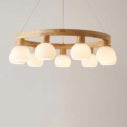 Modern Japanese Log Ring Textured Glass Globe Chandelier