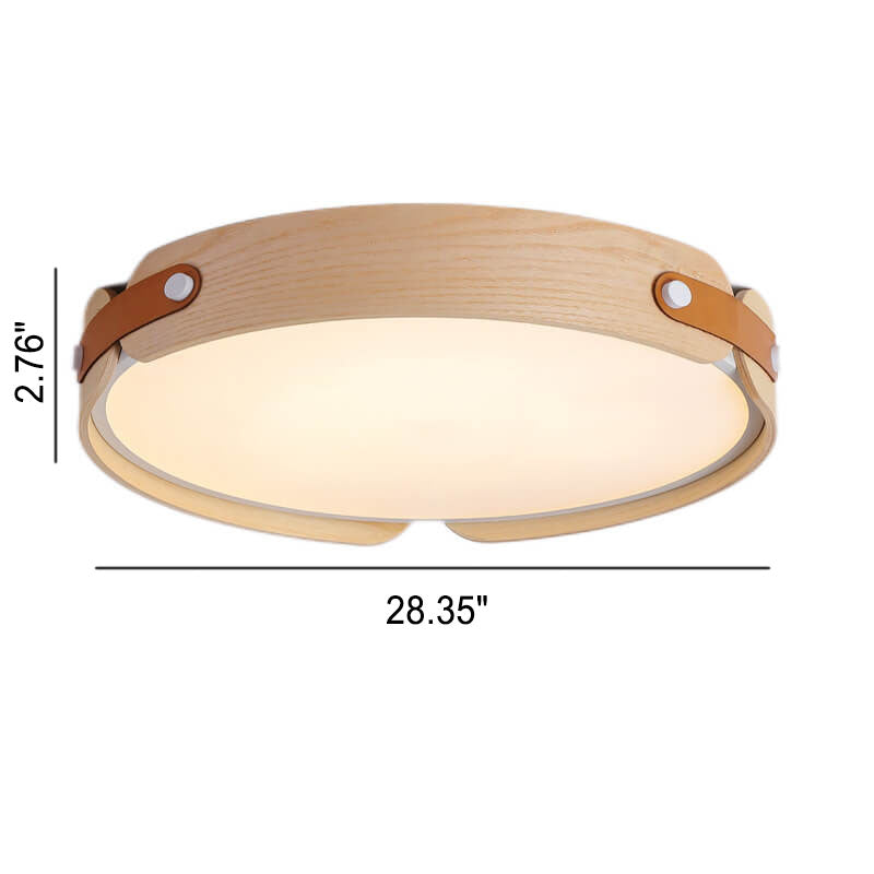 Minimalist Solid Wood Round Leather LED Flush Light