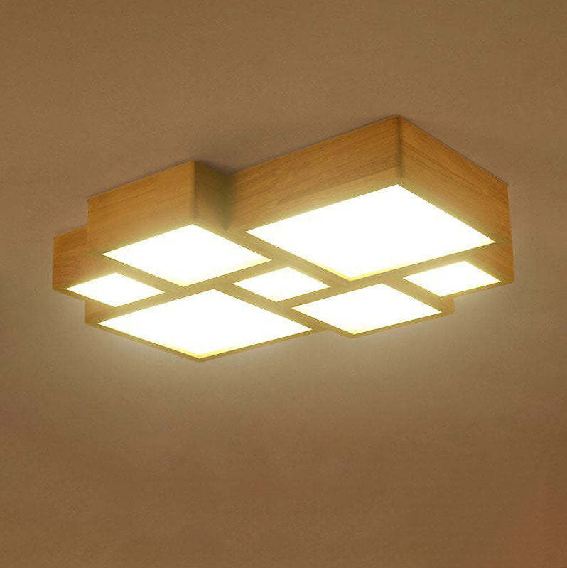 Nordic Solid Wood Square LED Flush Mount Light — Infinitely Dimmable + Remote Control / 220V-240V For UK/AU
