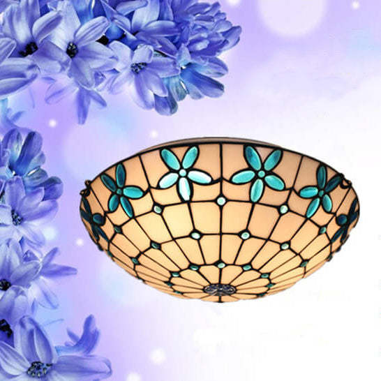 Tiffany Stained Glass Lilac Flower Bowl Flush Ceiling Light