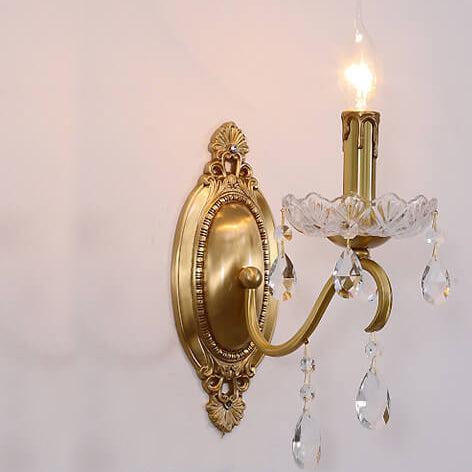 French Vintage Brass Crystal Candle Sconce