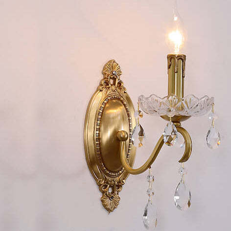 French Vintage Brass Crystal Candle Sconce