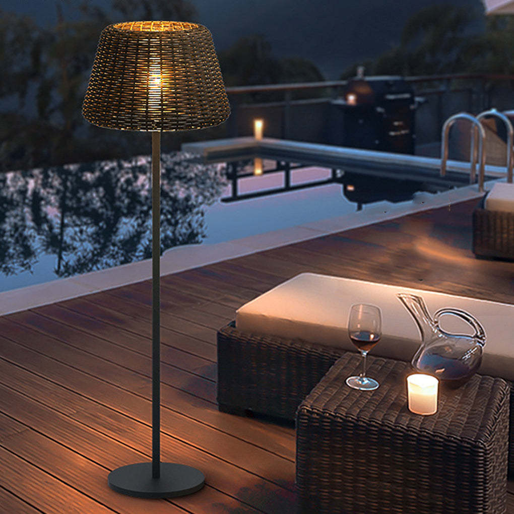 Rustic Woven Rattan Shaded Metal Outdoor Floor Lamp-Lighom