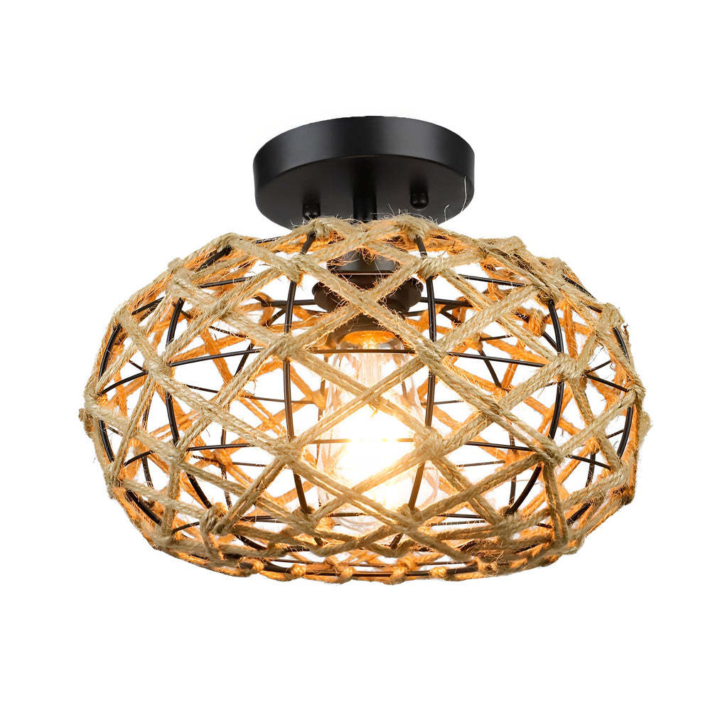 Round Hand-Woven Cage Rope Beige Retro Pendant Chandelier