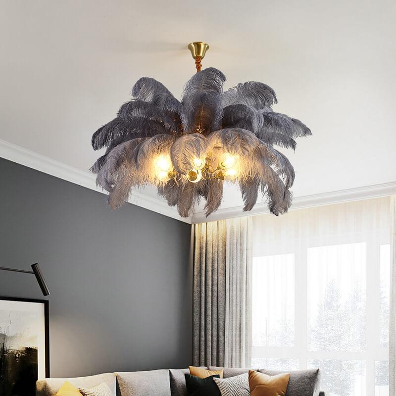Modern Ostrich Feather Brass Chandelier