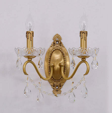 French Vintage Brass Crystal Candle Sconce