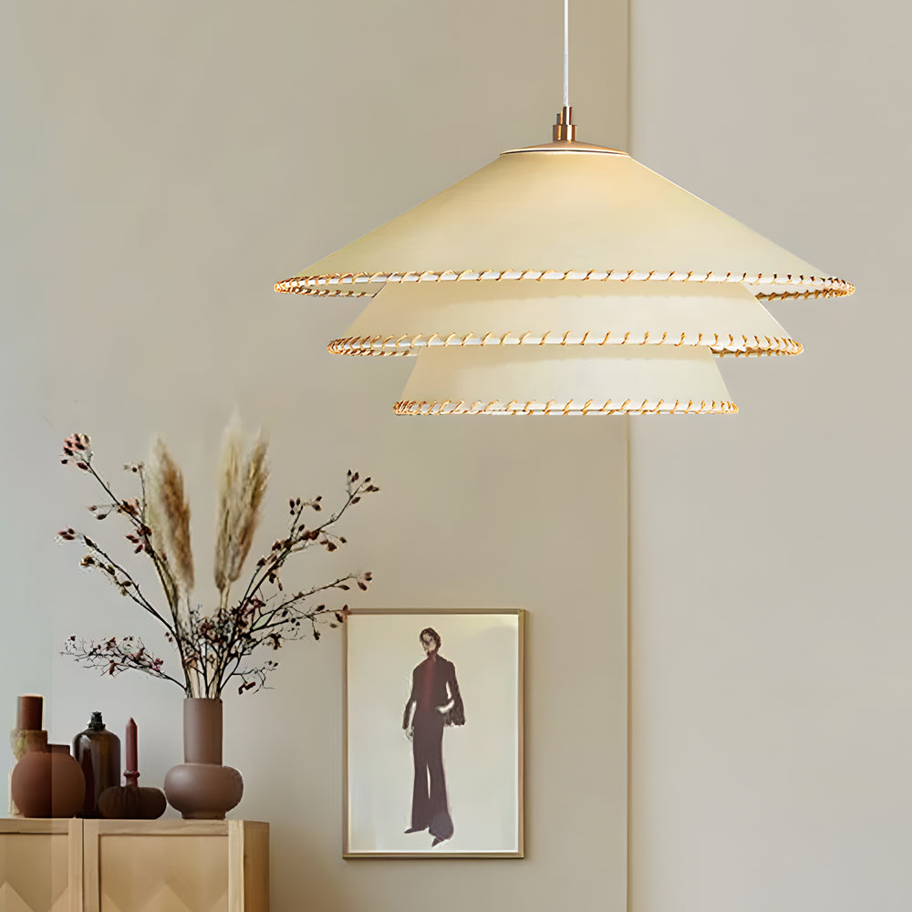 Rustic 3-Tier Parchment 1-Light Fabric Shade Pendant Light