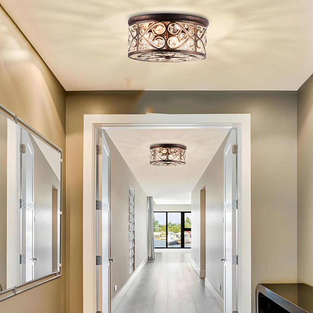 Bronze crystal glass metal american drum flush mount lighting - industrial