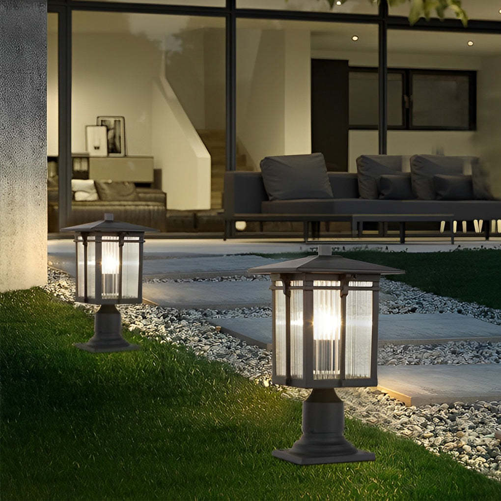 Striped Glass Shade LED Waterproof Black Modern Outdoor Post Lights-Lighom