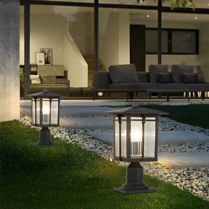 Striped Glass Shade LED Waterproof Black Modern Outdoor Post Lights-Lighom
