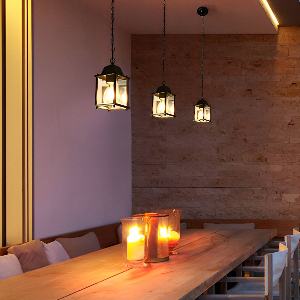 Small Square Waterproof Glass Black Modern Outdoor Pendant Lights-Lighom