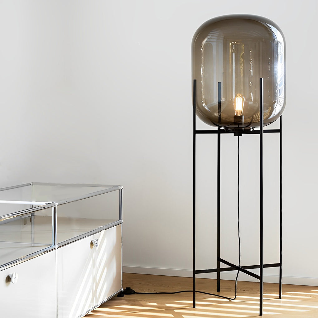 Industrial Metal Hand-Blown Glass Floor Lamp — Amber