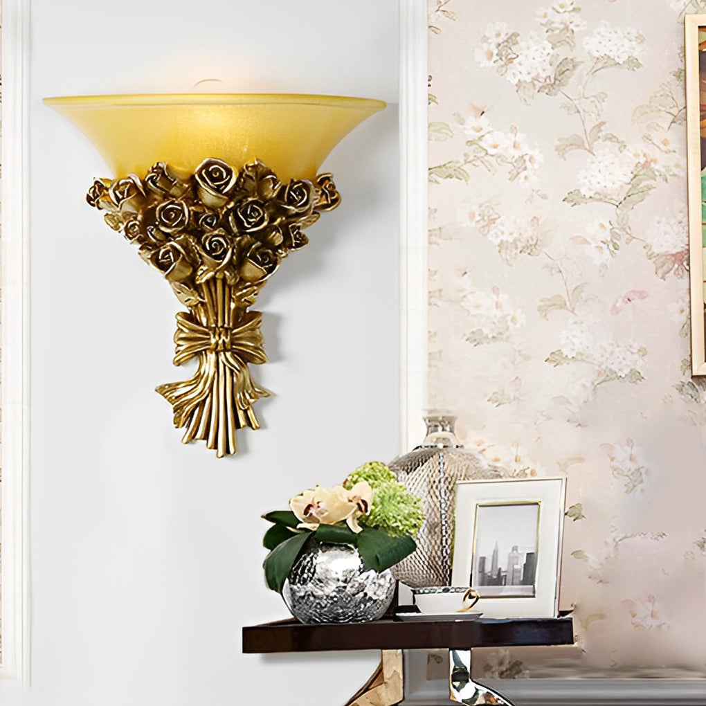 Retro Resin Roses Bouquet Glass European-Style Wall Lamp Wall Light Fixture-Lighom