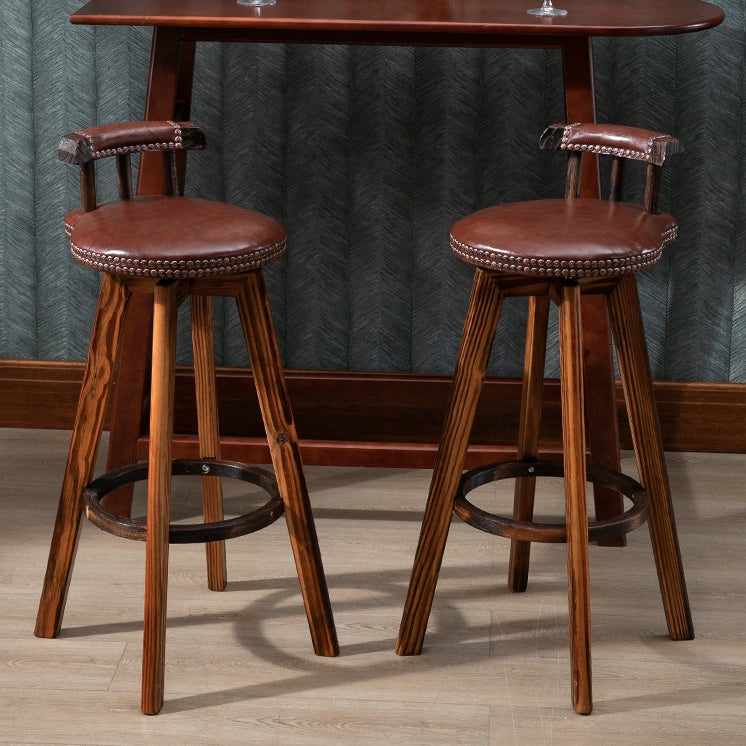 Retro Leather Wood Swivel Bar Stool — Brown