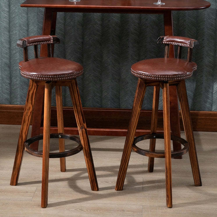 Retro Leather Wood Swivel Bar Stool — Brown