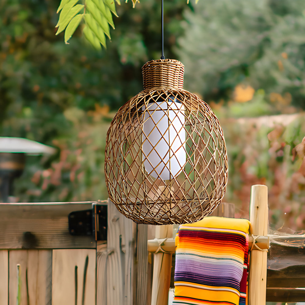Outdoor Rattan Pendant Lights 10W Rustic Modern LED Ceiling Hanging Lantern Lights-Lighom