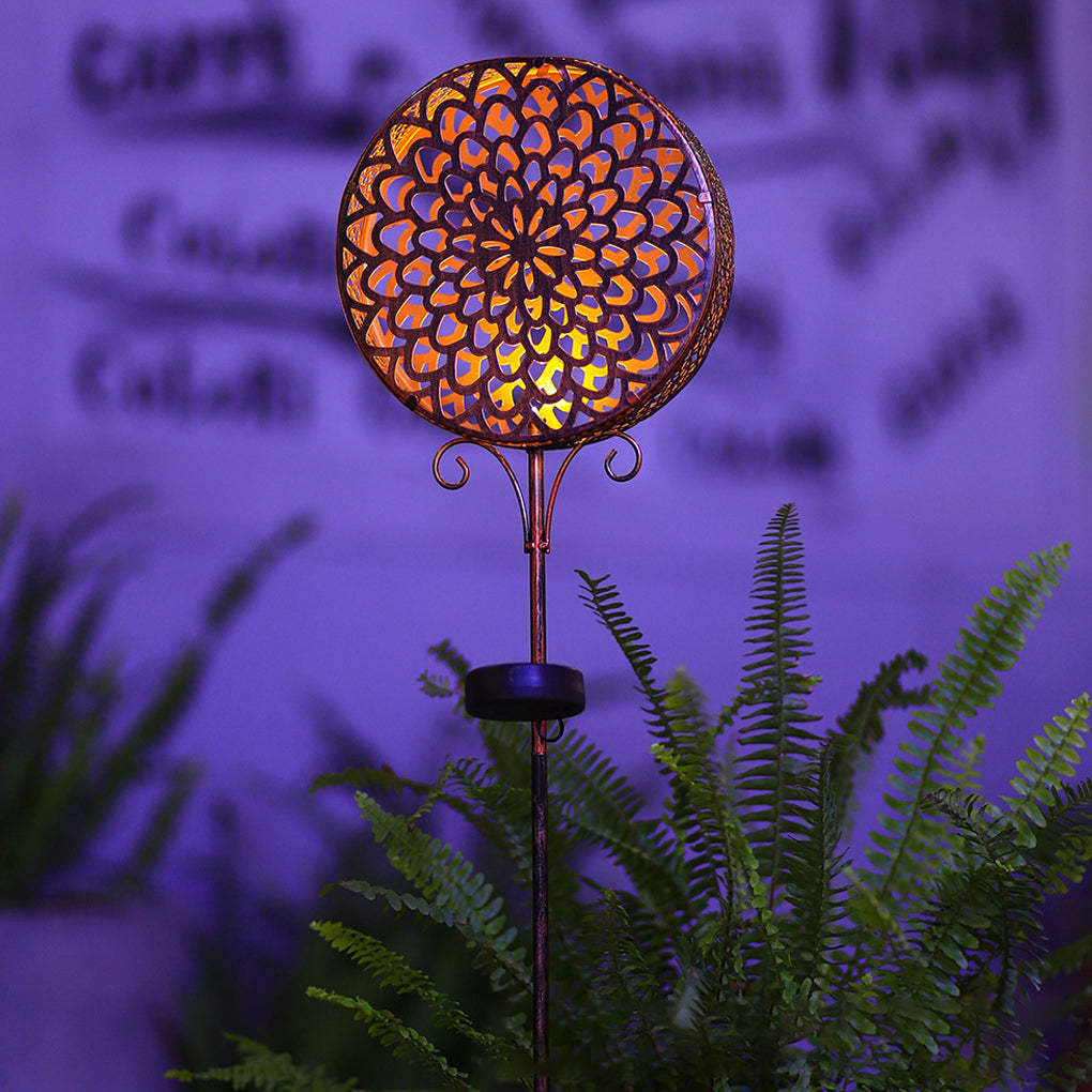 Round Iron Hollow Projection Flowers Screen Waterproof Solar Ground Lights-Lighom