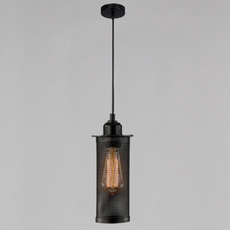 Vintage Wrought Iron Mesh Cylinder Pendant Light