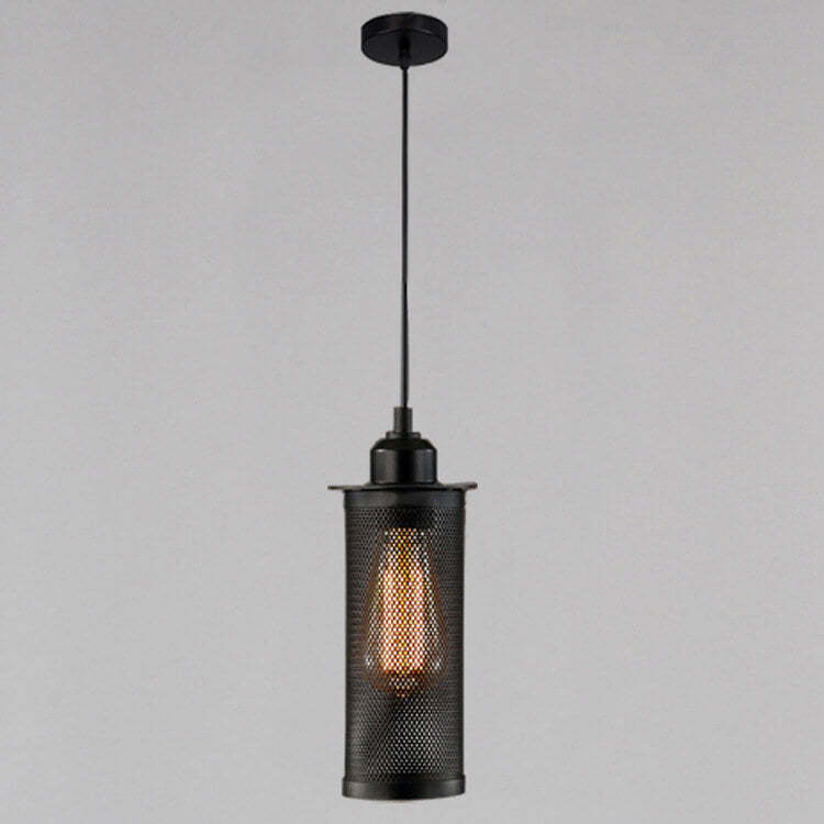 Vintage Wrought Iron Mesh Cylinder Pendant Light