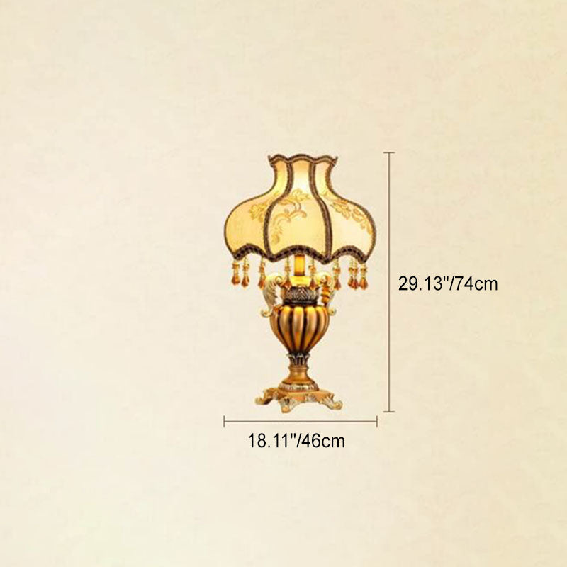 European Vintage Fabric Beaded Resin Base Palace Table Lamp — Dimmer Switch / 220V-240V For UK/AU