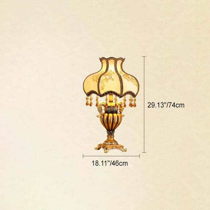 European Vintage Fabric Beaded Resin Base Palace Table Lamp — Dimmer Switch / 220V-240V For UK/AU