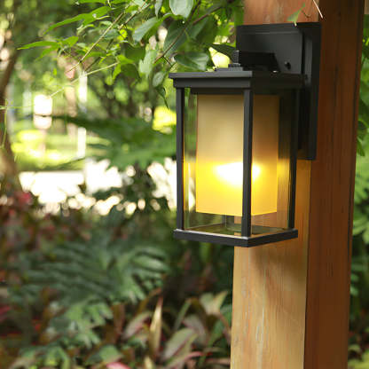 Black Square Outdoor Wall Lantern with Double Glass Shade-Lighom
