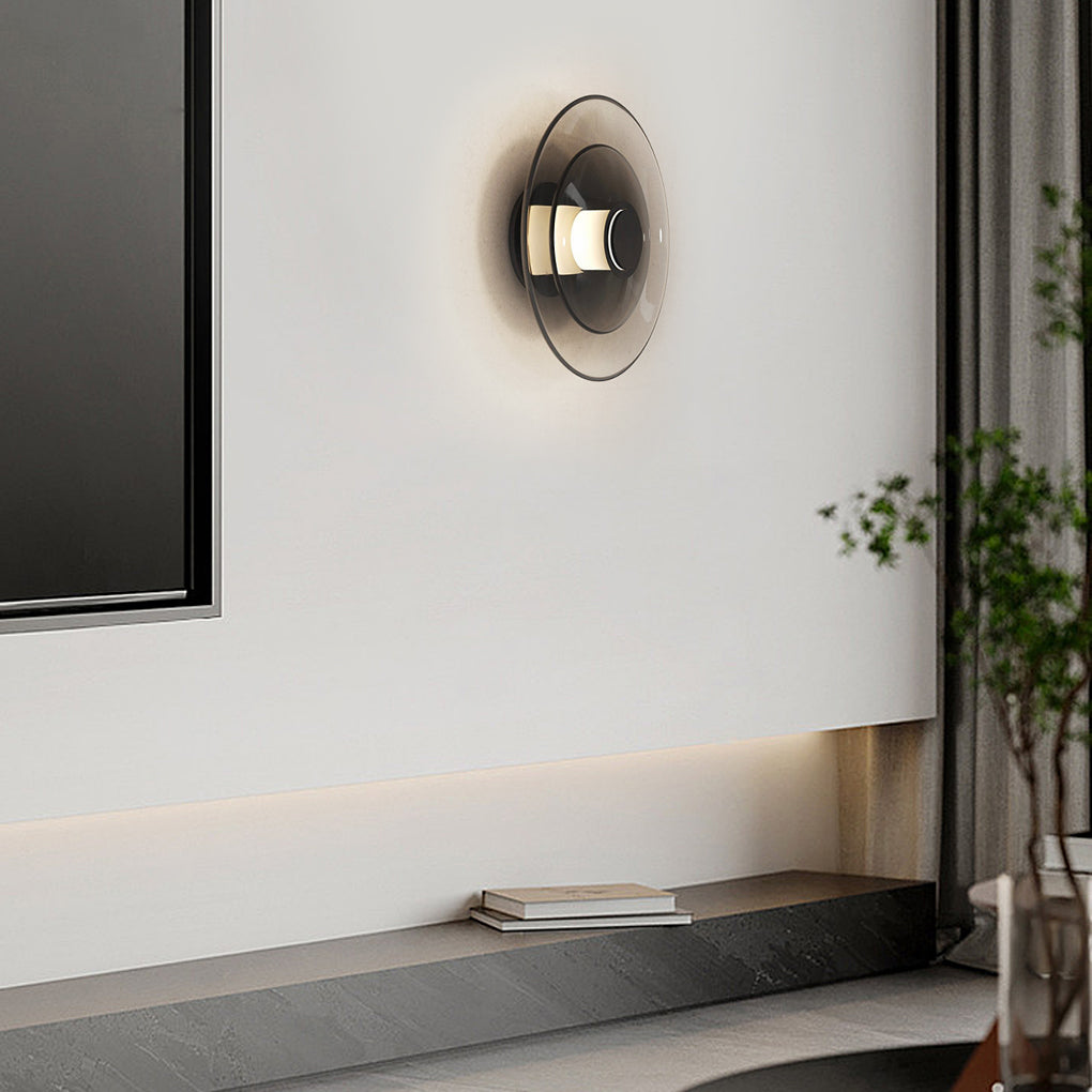 Modern round double brown wall sconces — 9.1" Diameter / Cognac
