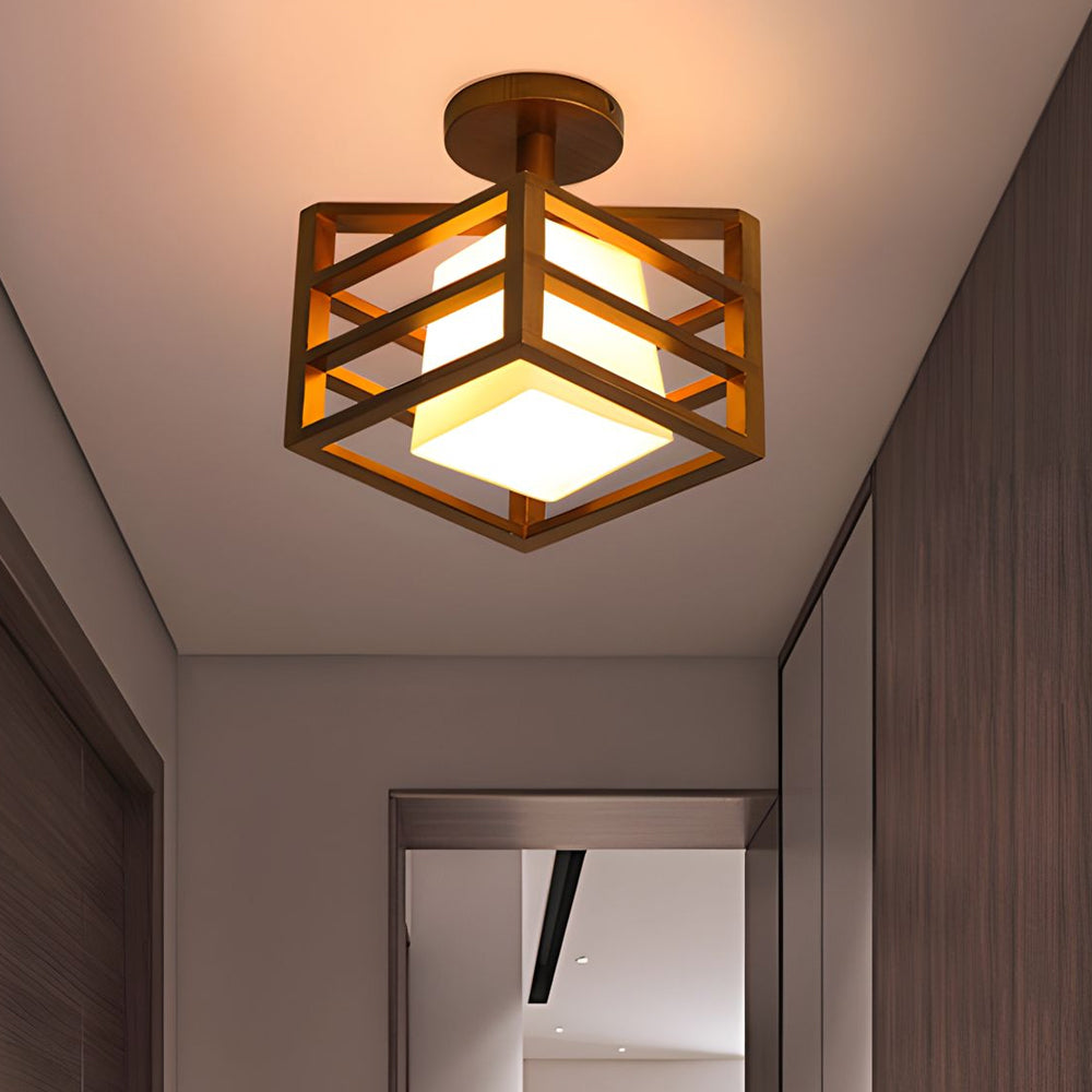 Square Walnut Wood Frame Semi-Flush Ceiling Light