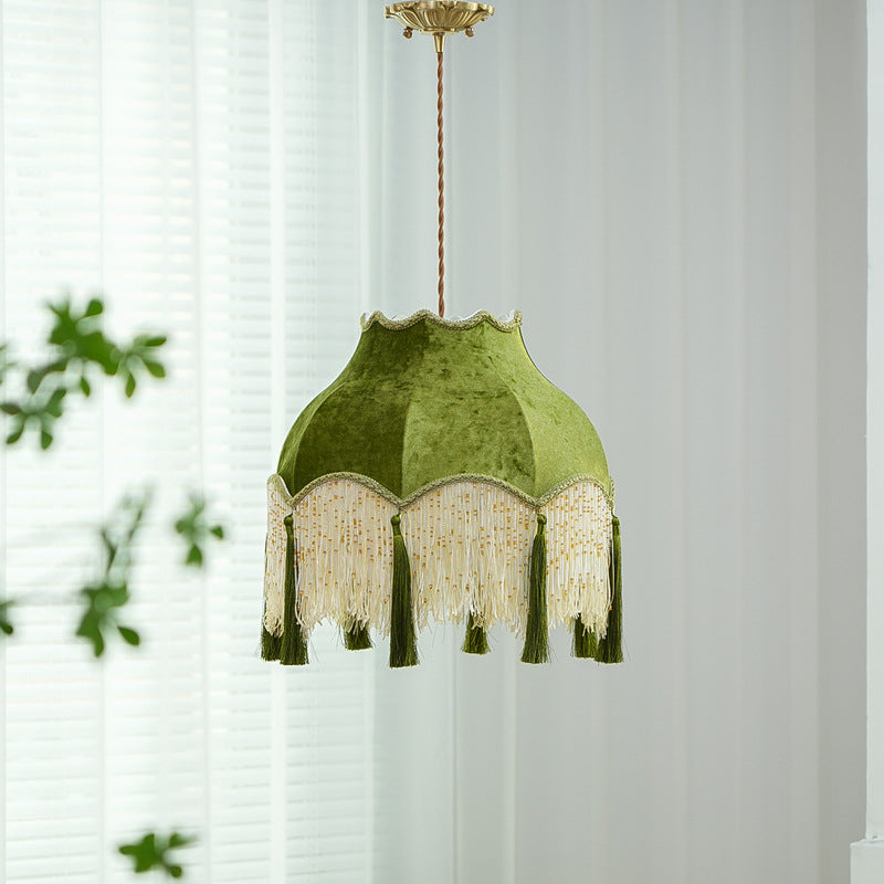 French Vintage Fabric Tassel Brass Pendant Light