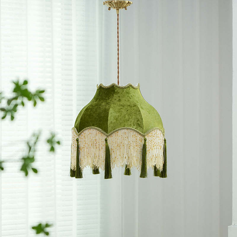 French Vintage Fabric Tassel Brass Pendant Light