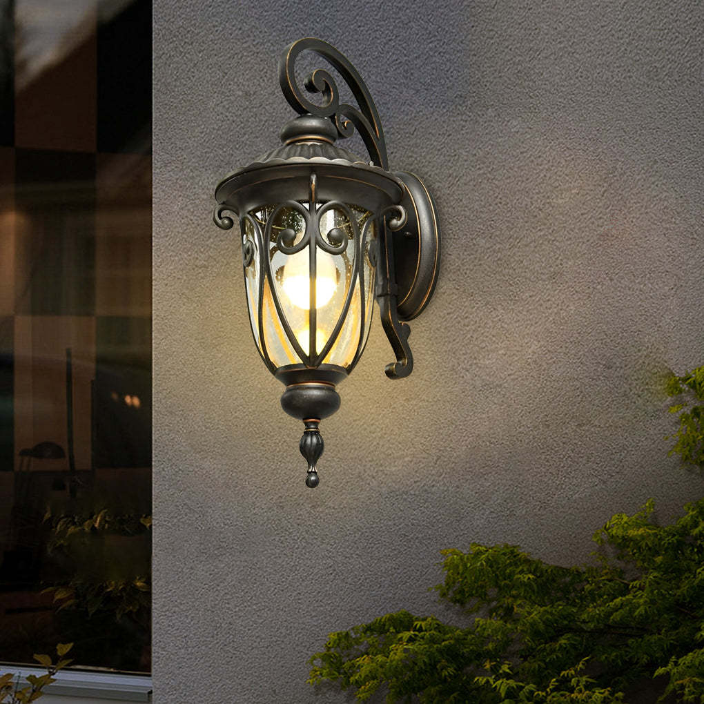 1-Light Antique Black Waterproof Seeded Glass Outdoor Wall Light-Lighom