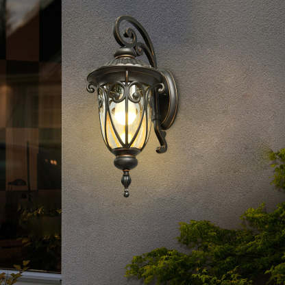 1-Light Antique Black Waterproof Seeded Glass Outdoor Wall Light-Lighom