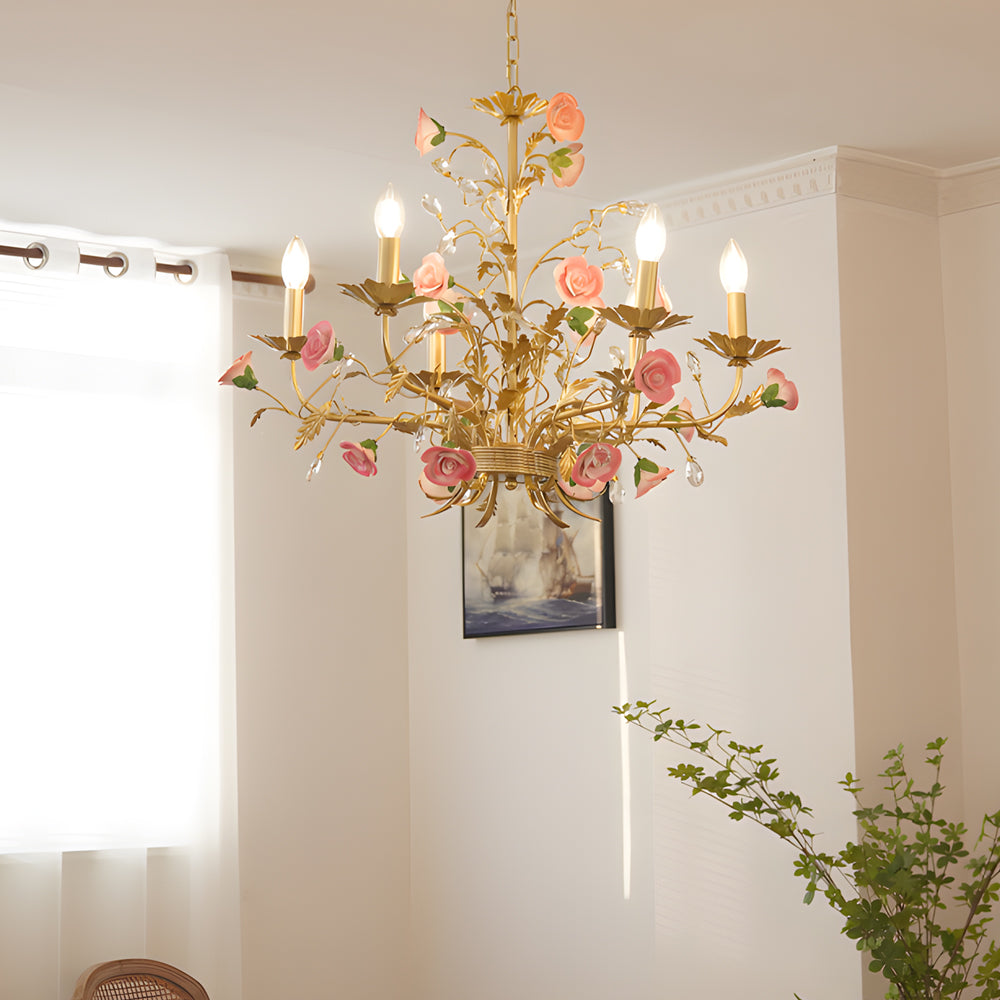 French Pink Rose Candlelight Pastoral Chandelier