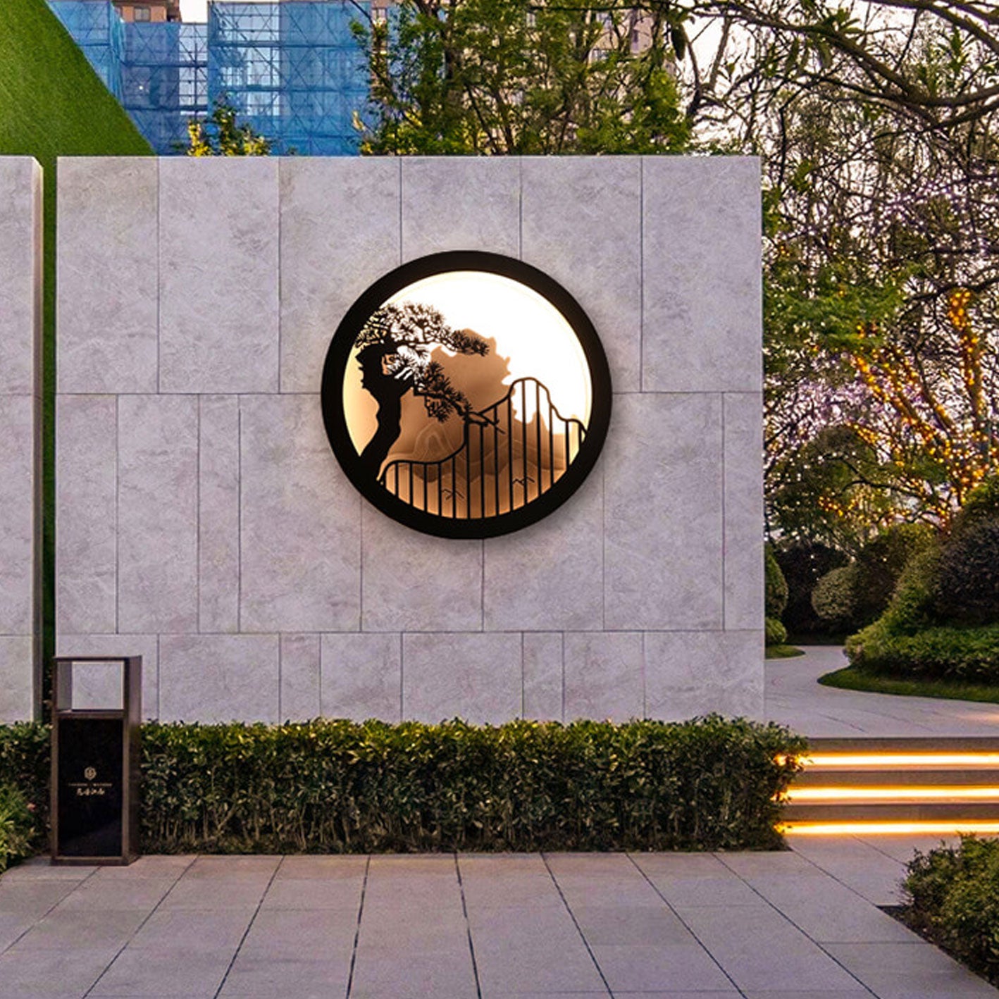 Chinese Landscape Pine Zen Round LED Outdoor Wall Sconce