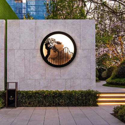 Chinese Landscape Pine Zen Round LED Outdoor Wall Sconce